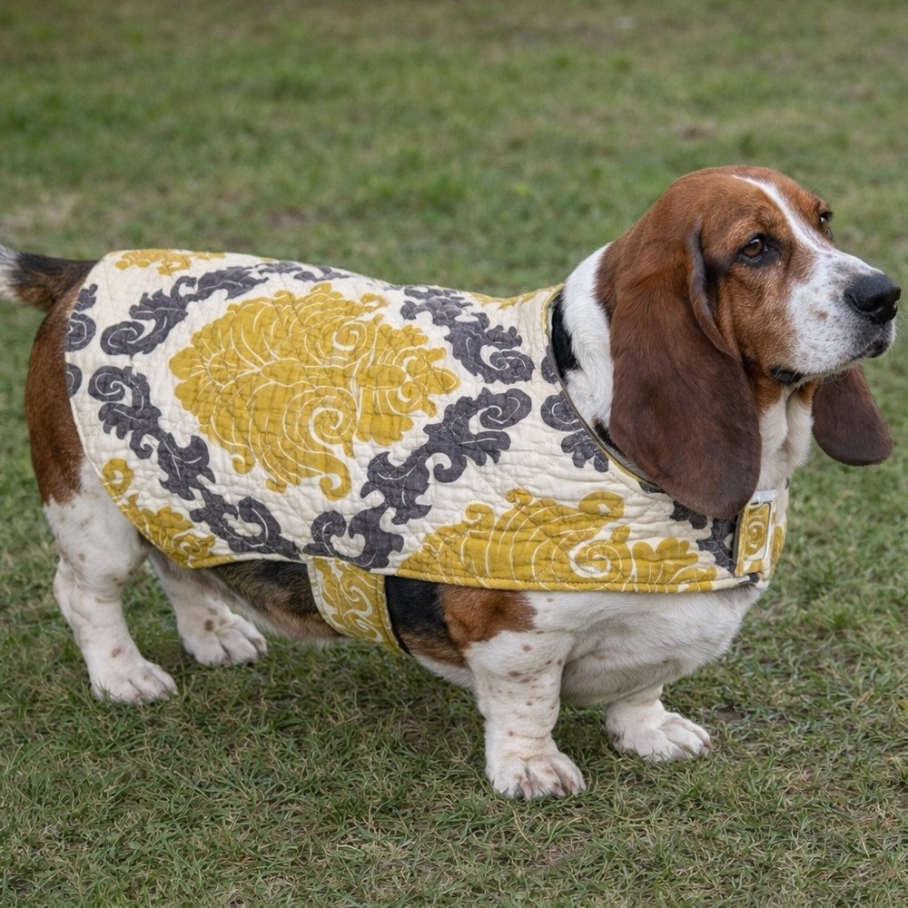 Quilted‎ Dog Coat Yellow Grey Damask Floral Pet Jacket Medium Large